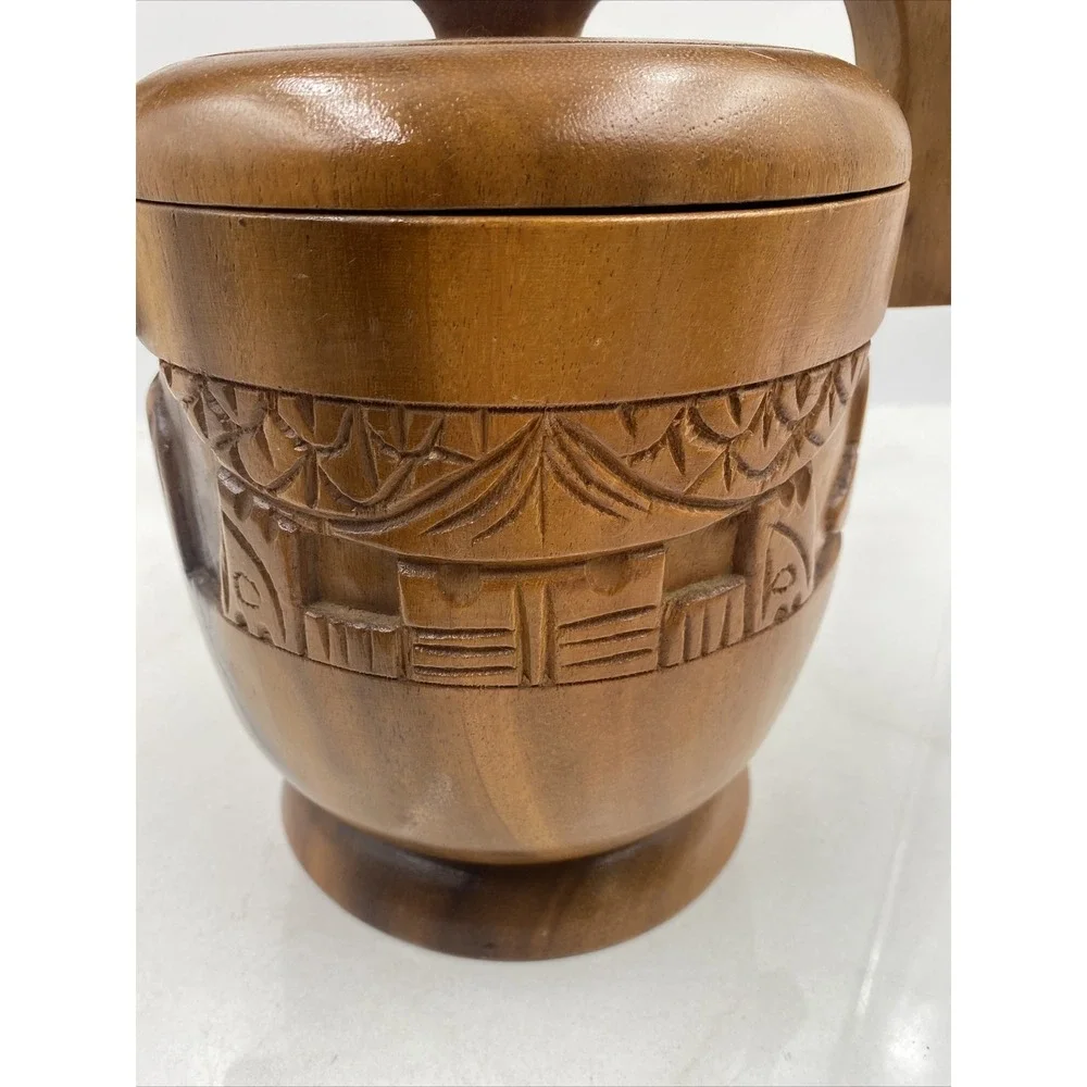 Vintage Ice Bucket Teak Wood Hand Carved VILLAGE Made in Philippines HANDLE